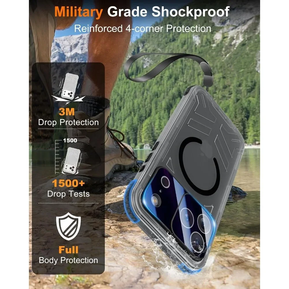 iPhone 17 Pro Waterproof Case  Heavy Duty Frosted Cover MagSafe Lanyard  Black